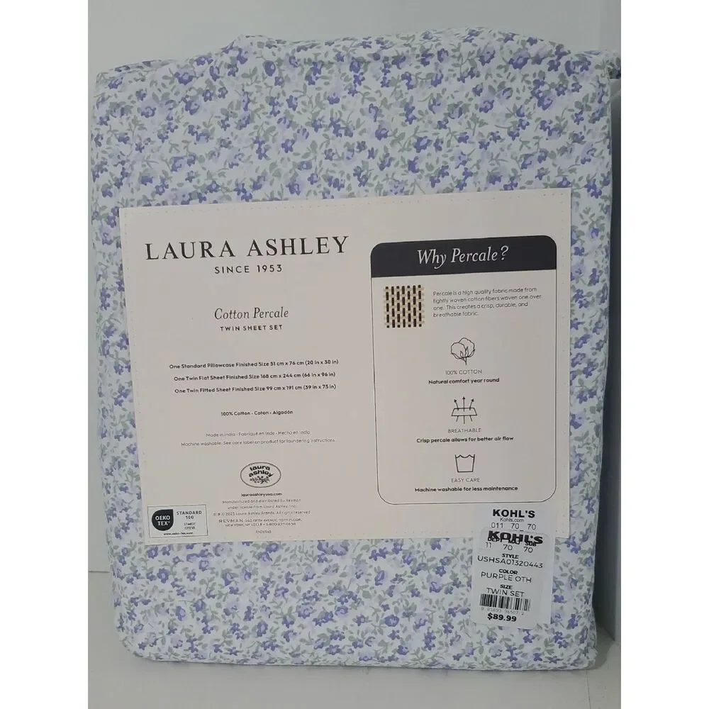 Laura Ashley Twin 100% Cotton Percale Purple Ditsy Floral Sheet Set NIP